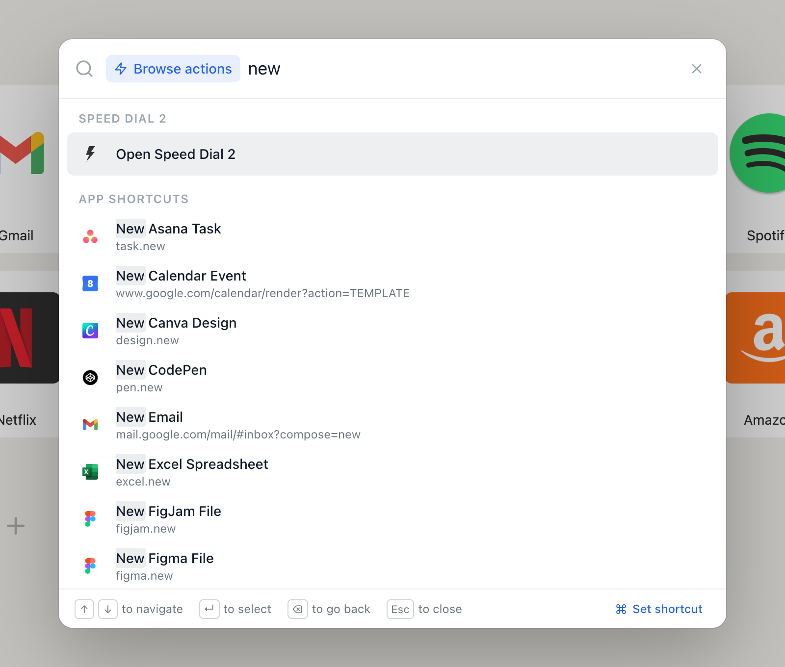 App shortcuts in Jump such as New Calendar Event and New Figma File