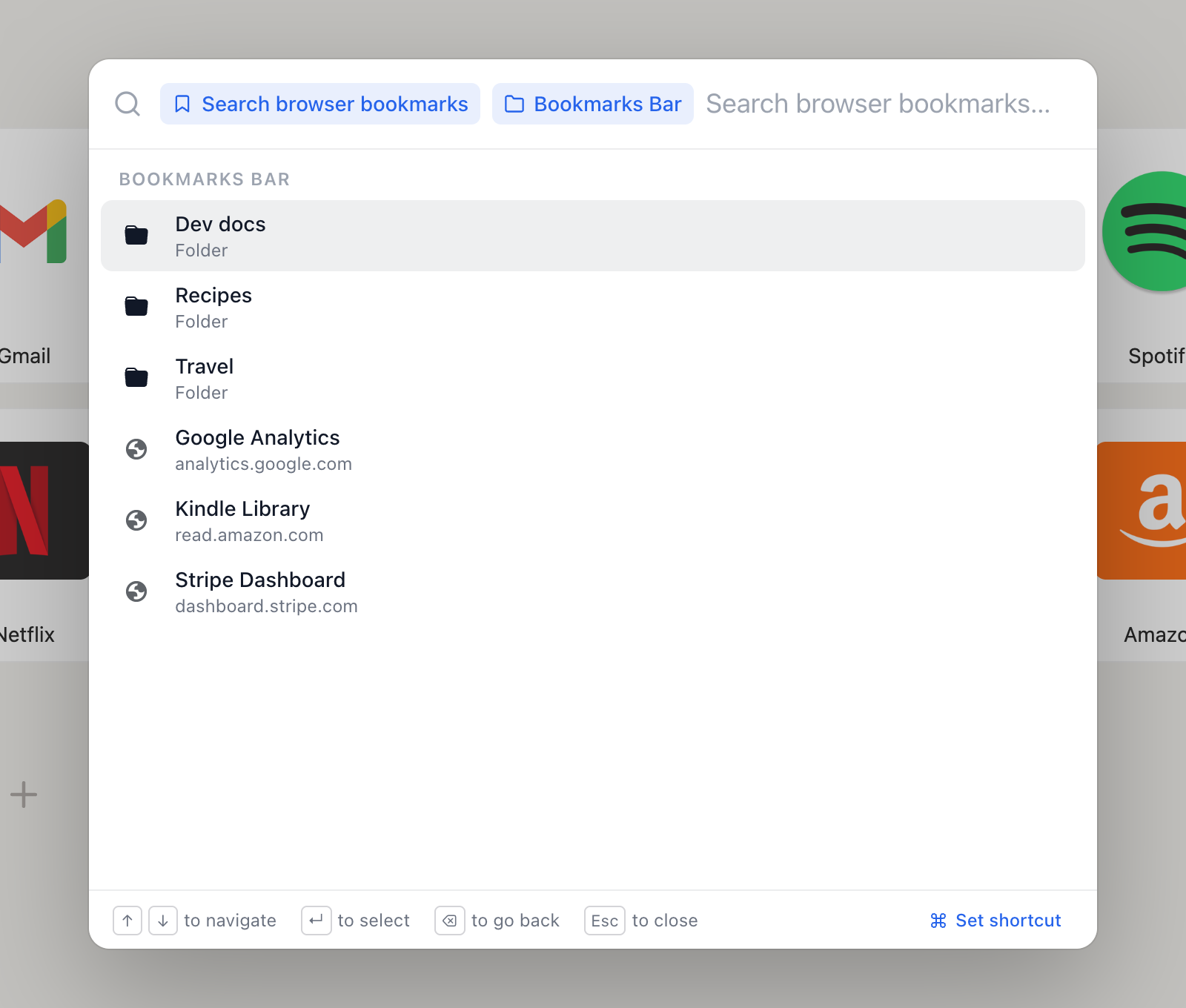 Browsing the bookmarks bar in Jump