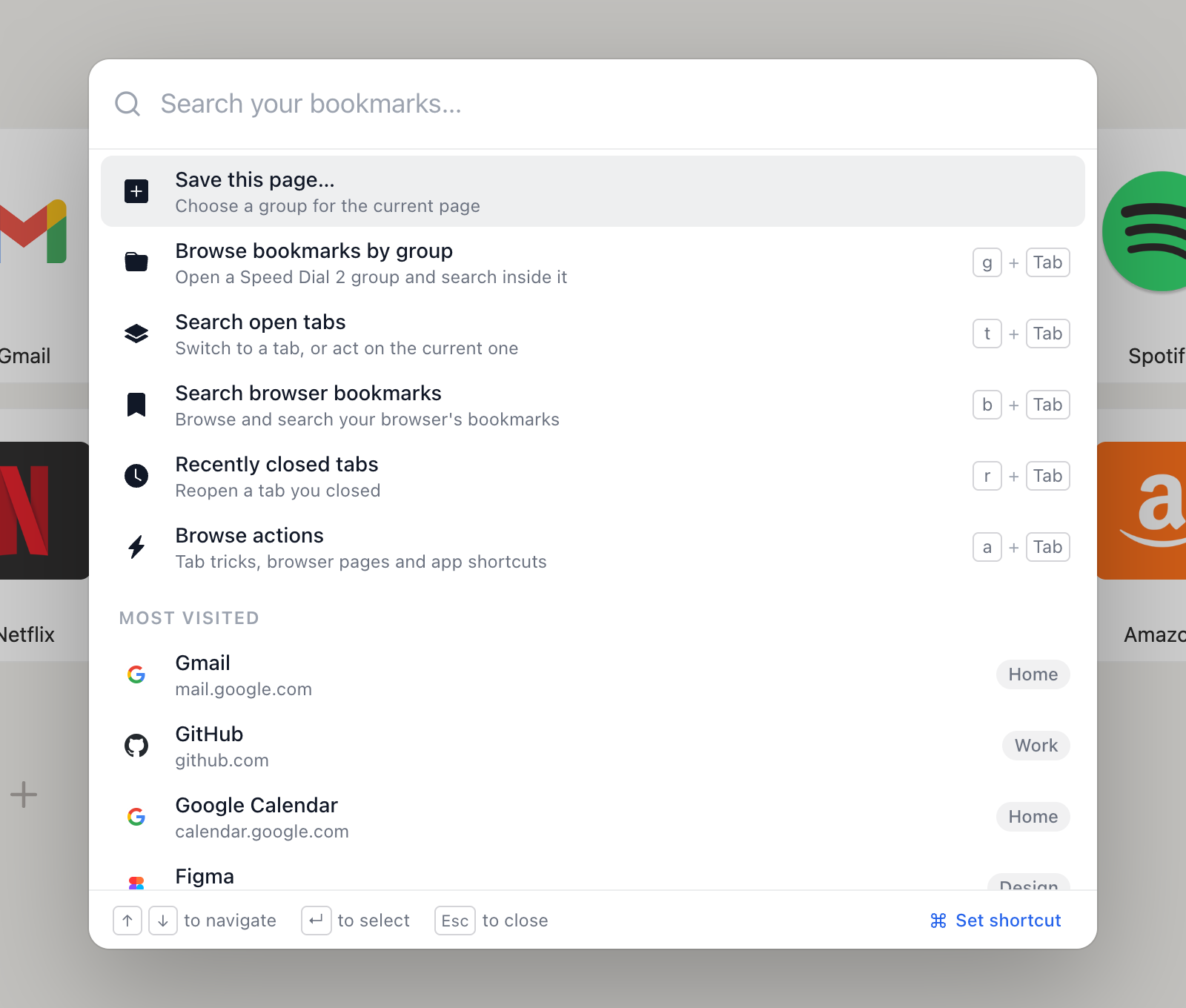 Jump showing Save this page, browsing options and most visited bookmarks