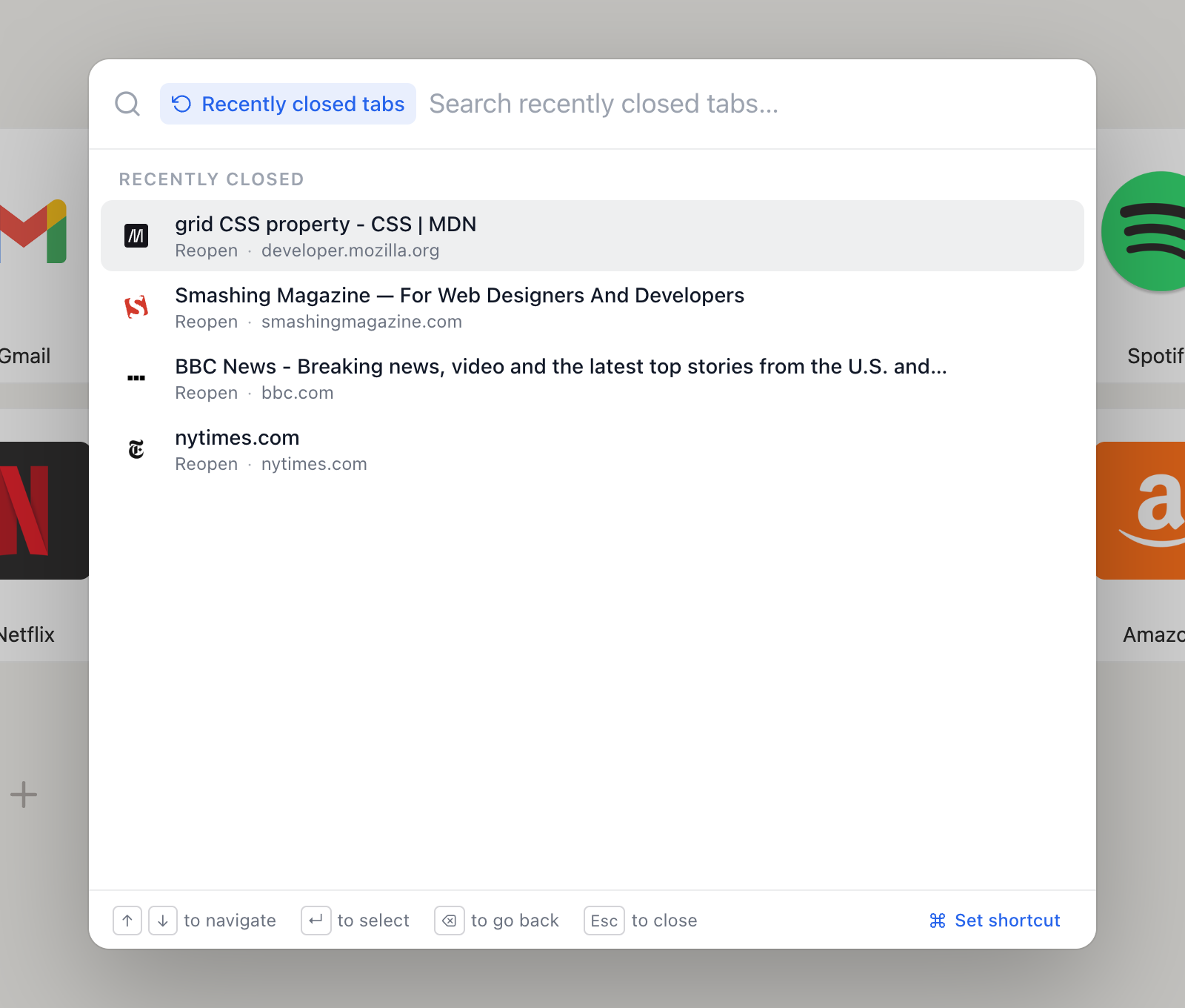 Recently closed tabs in Jump