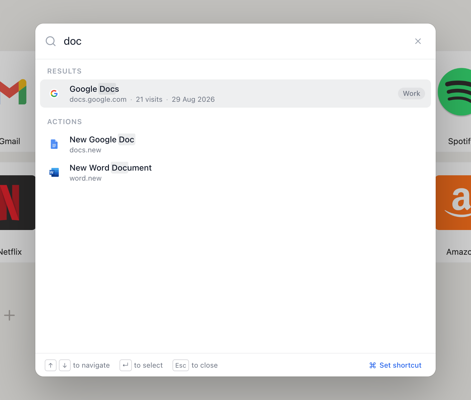 Typing doc in Jump finds a Google Docs bookmark and New Google Doc actions