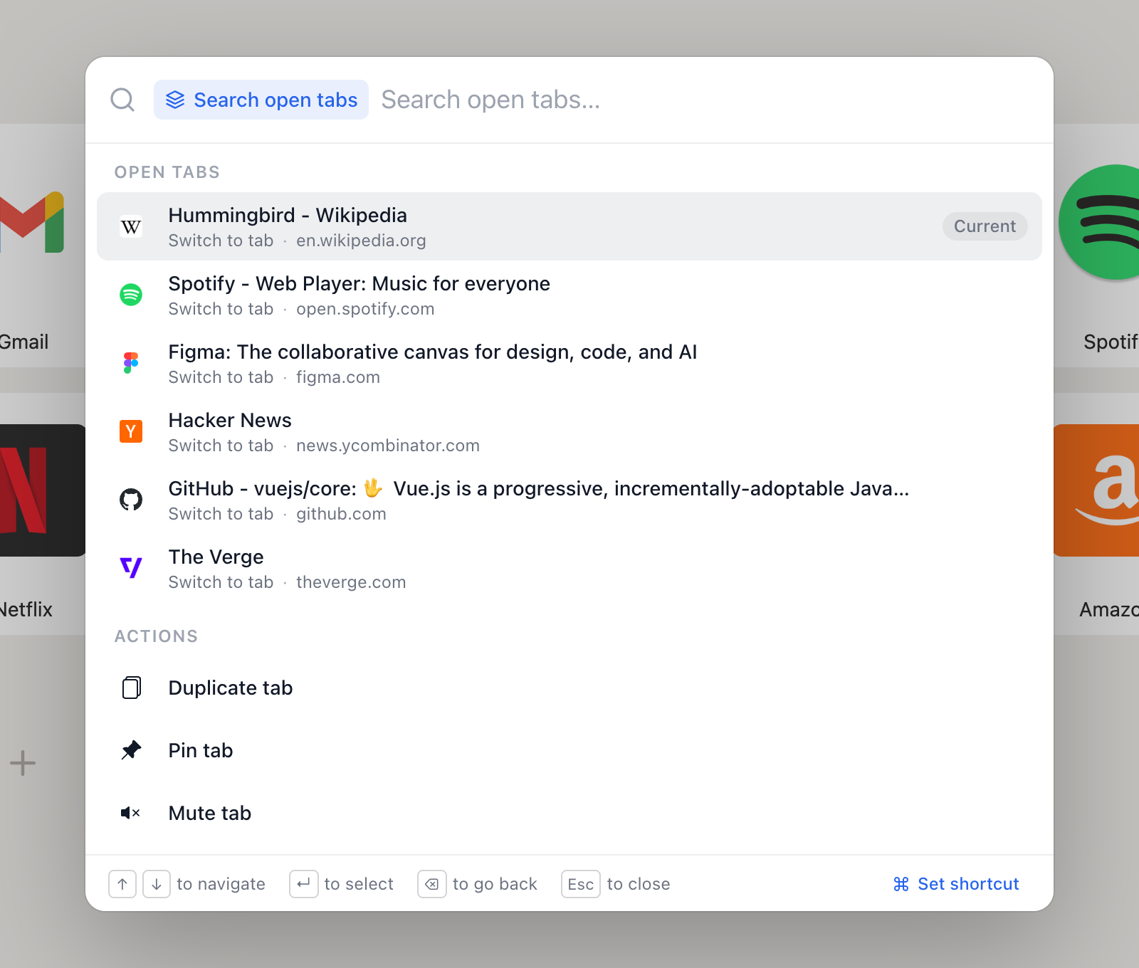 Searching open tabs in Jump