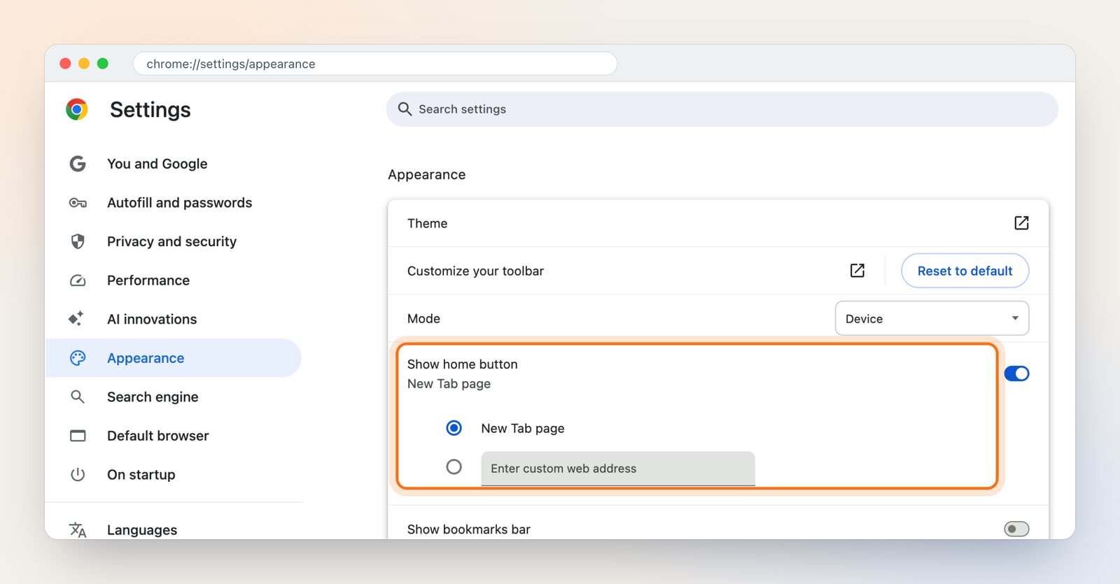 Chrome Settings, Appearance, Show home button