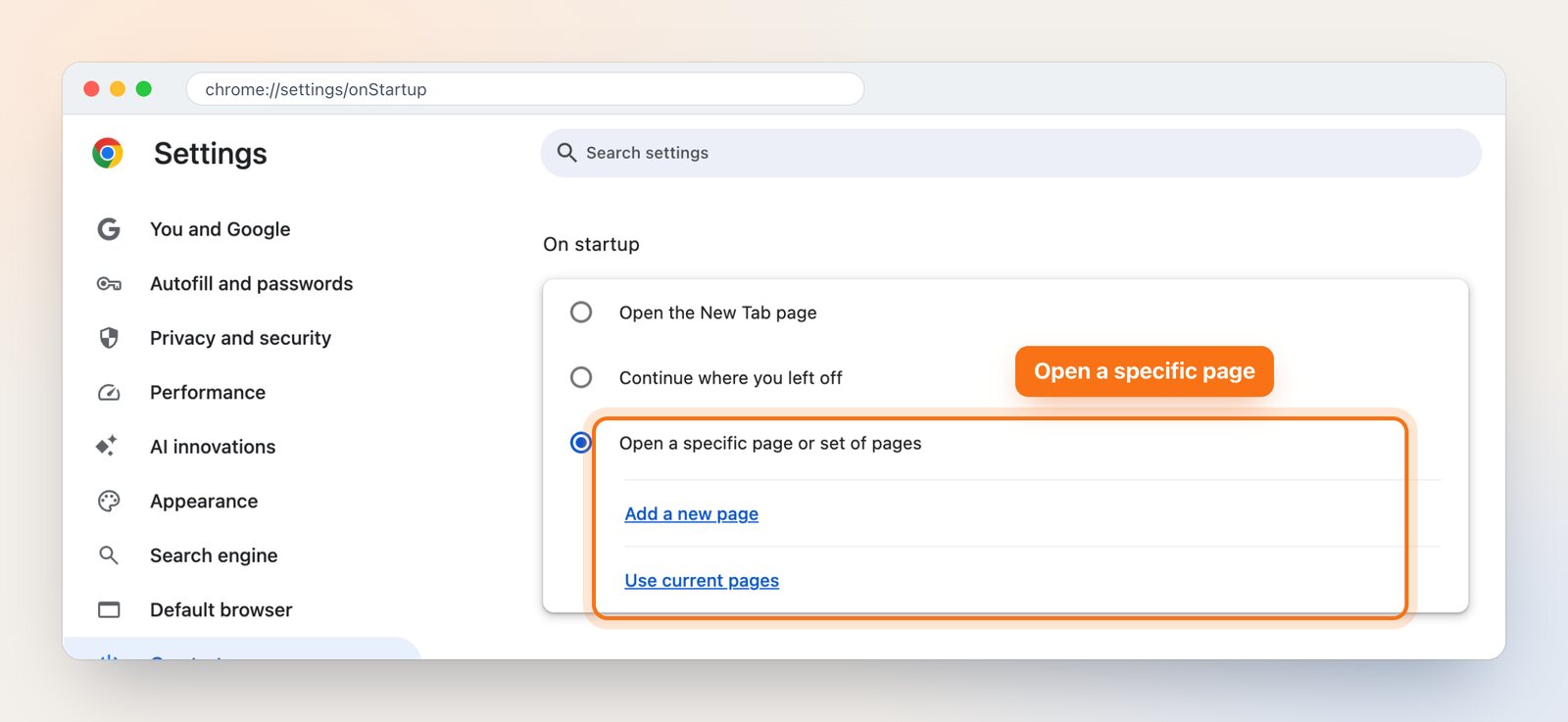 Chrome Settings, On startup section