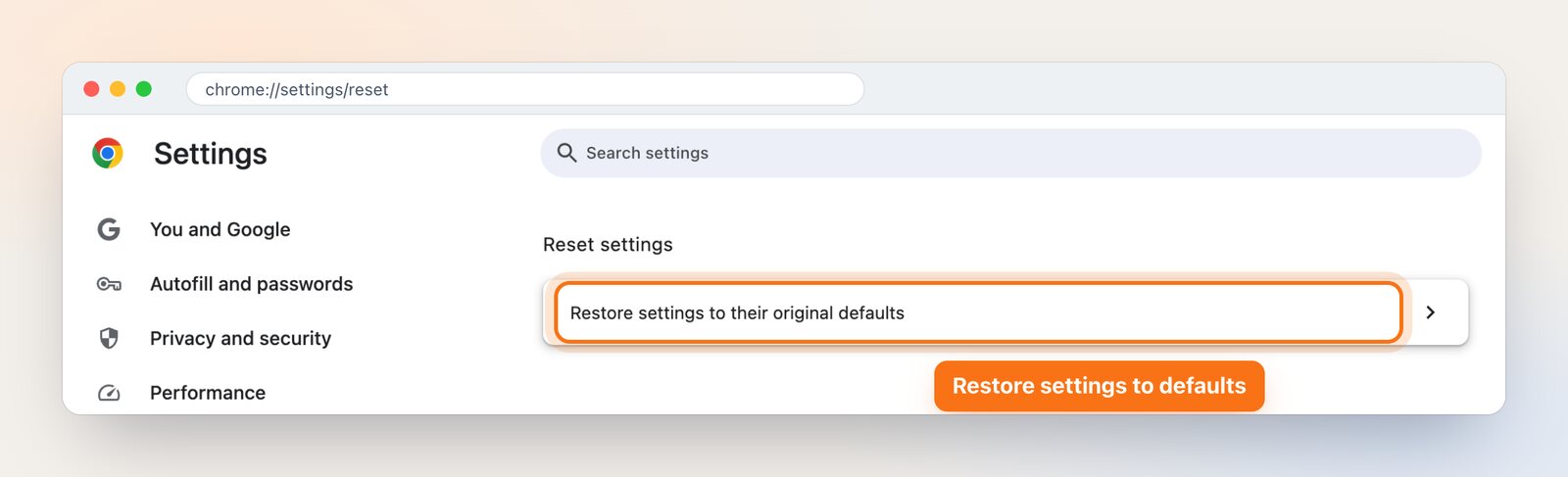 Chrome Settings, Reset settings