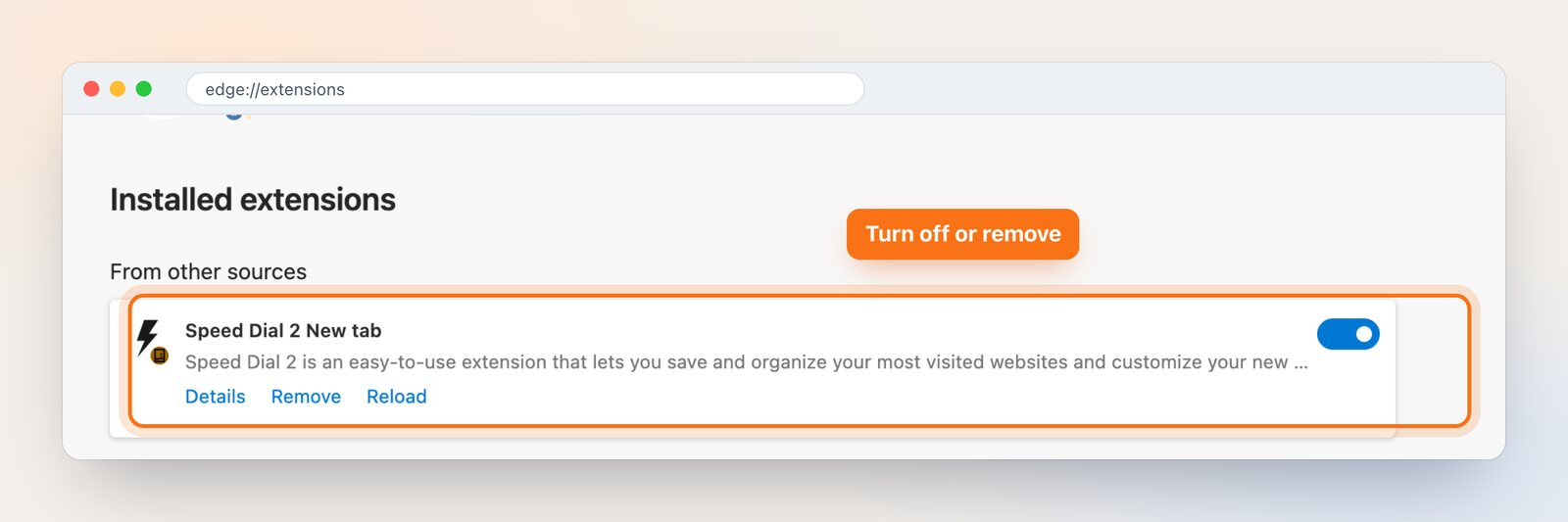 Edge extensions page with a new tab extension and its on/off switch