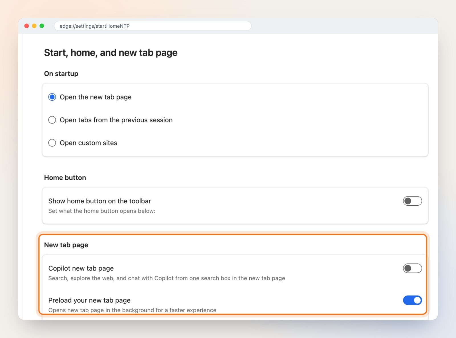 Edge Settings, Start, home, and new tab page