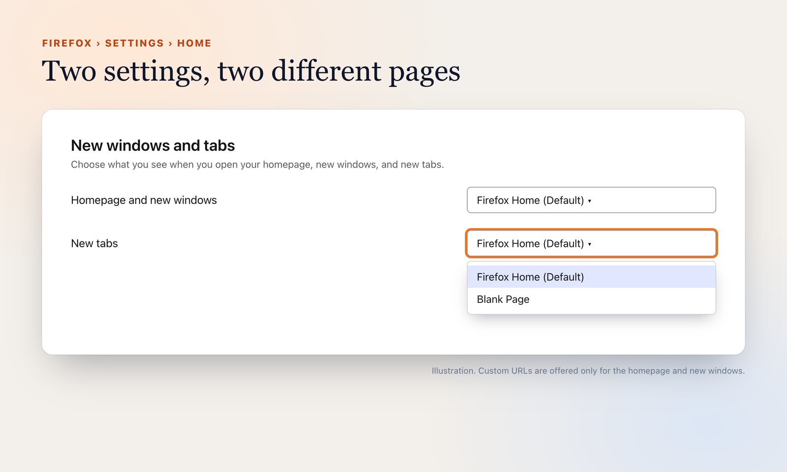 Illustration of Firefox Settings, Home, with separate options for homepage and new windows, and for new tabs