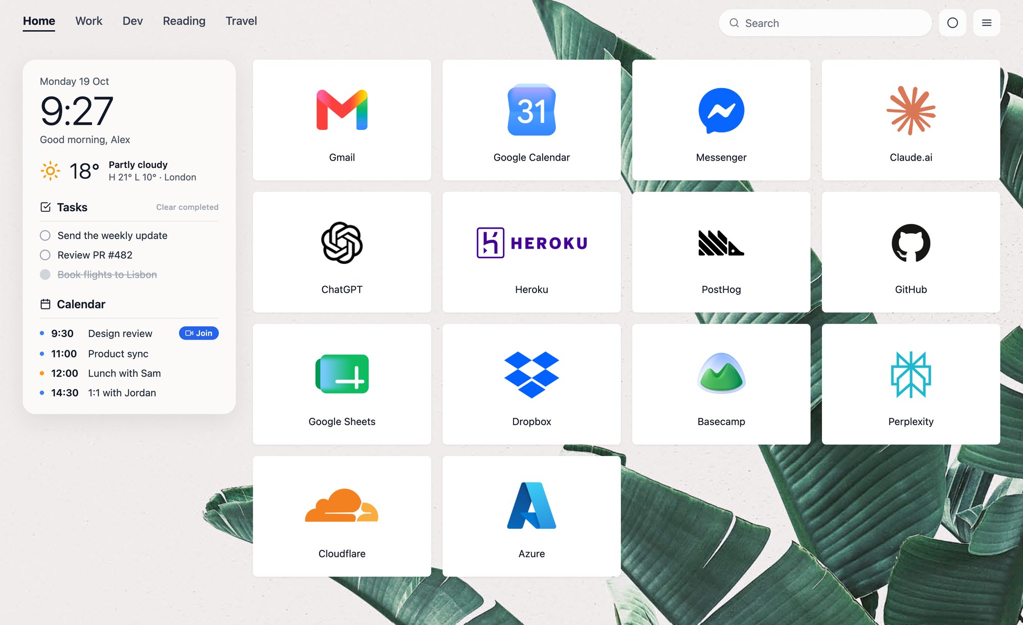 Speed Dial 2 new tab page with bookmarks in groups, tasks, calendar and weather