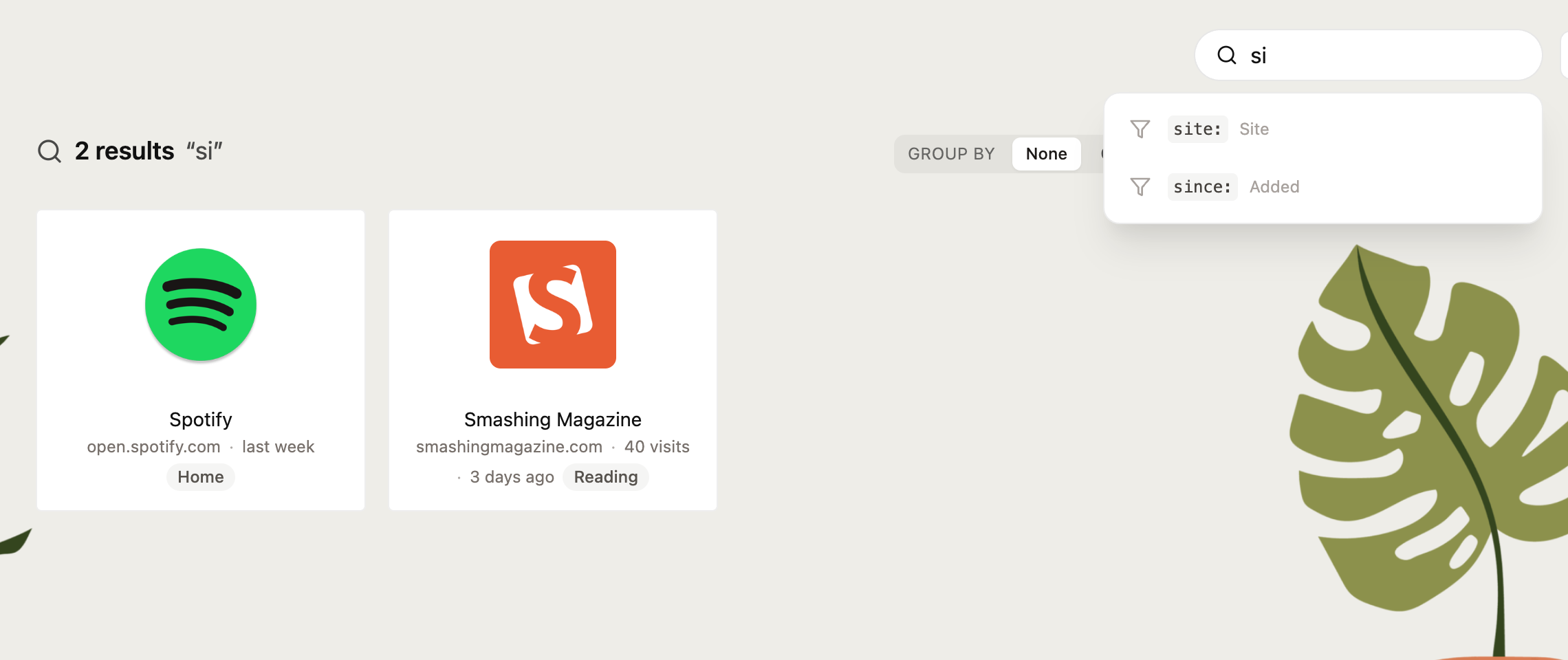 Typing si suggests the site: and since: filters