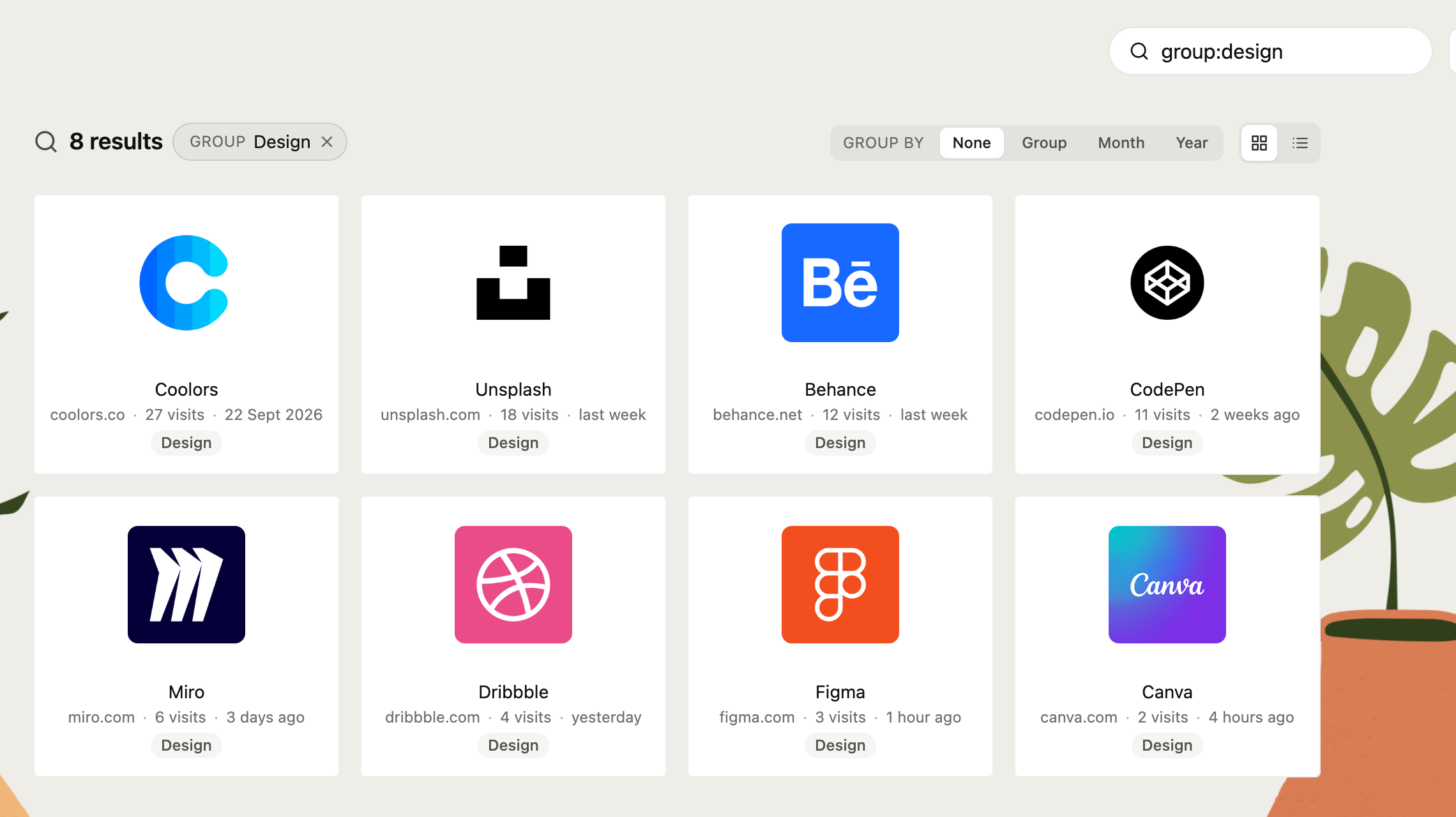 Searching with group:design shows only bookmarks in the Design group