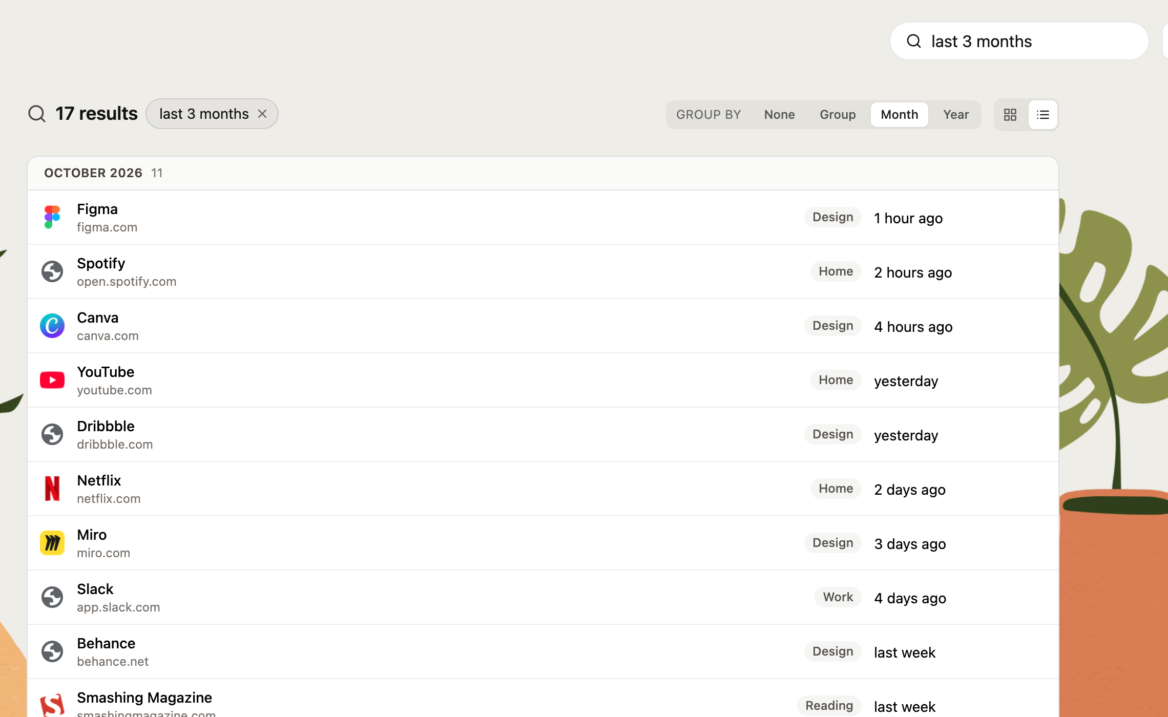 Search results for last 3 months in list view, grouped by month