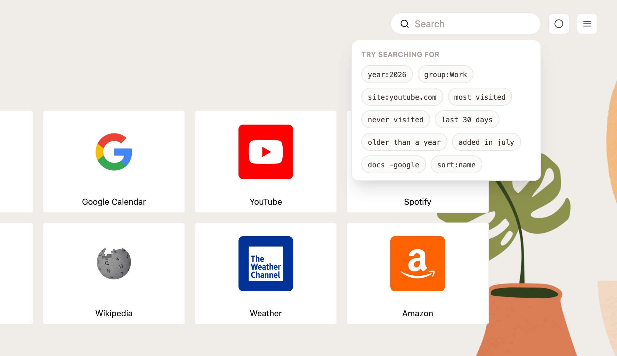 Example searches shown when the search box is empty
