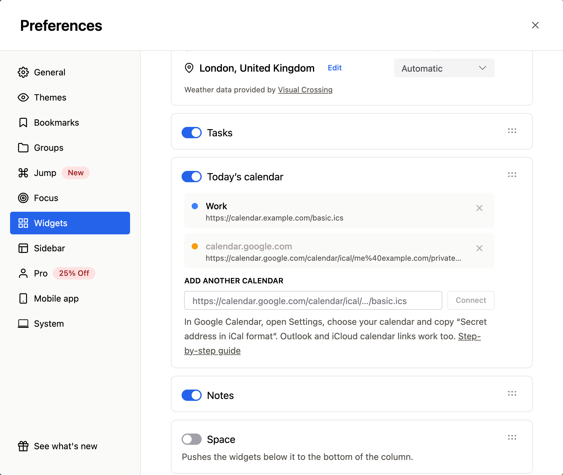 Calendar links added in the Today's calendar settings