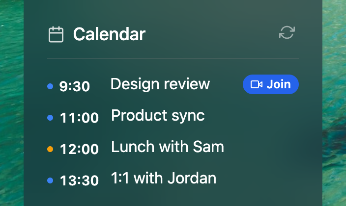 The calendar widget with today's meetings and a Join button