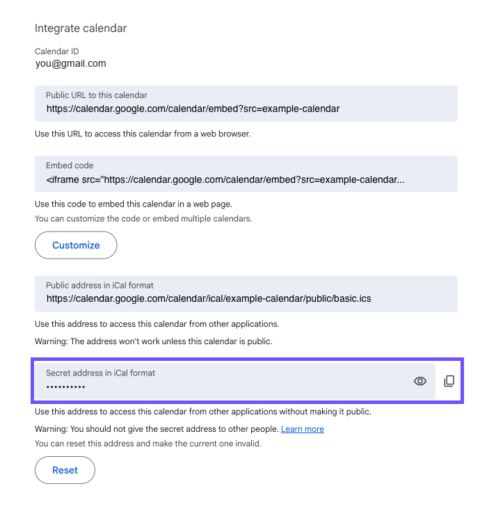 The Secret address in iCal format field in Google Calendar settings