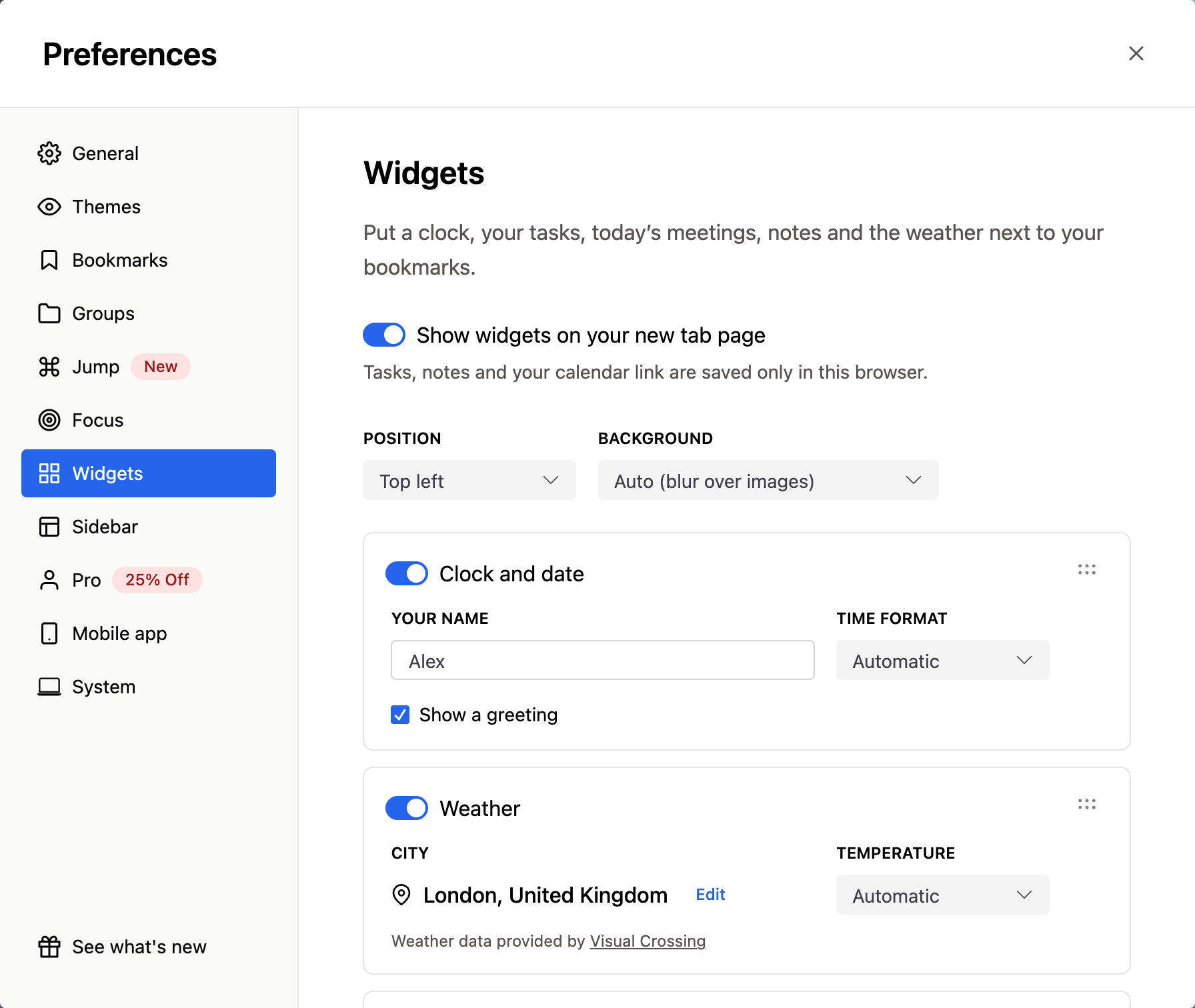 The Widgets section in Speed Dial 2 Preferences